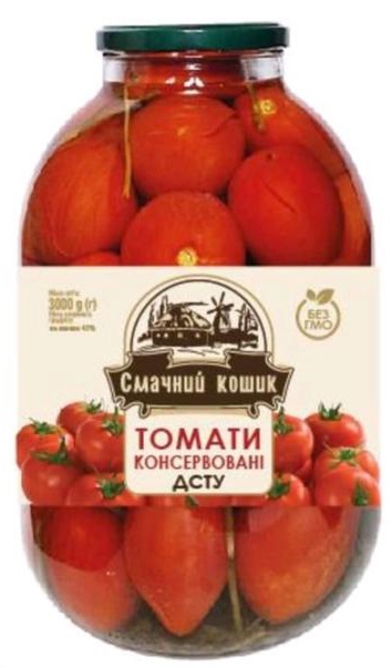 Томати консервовані з зеленню ТМ Смачний кошик, з оцтом, с/б 3л